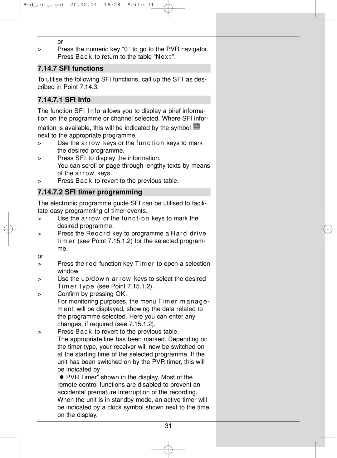 TechniSat S1 manual SFI functions, SFI Info, SFI timer programming 