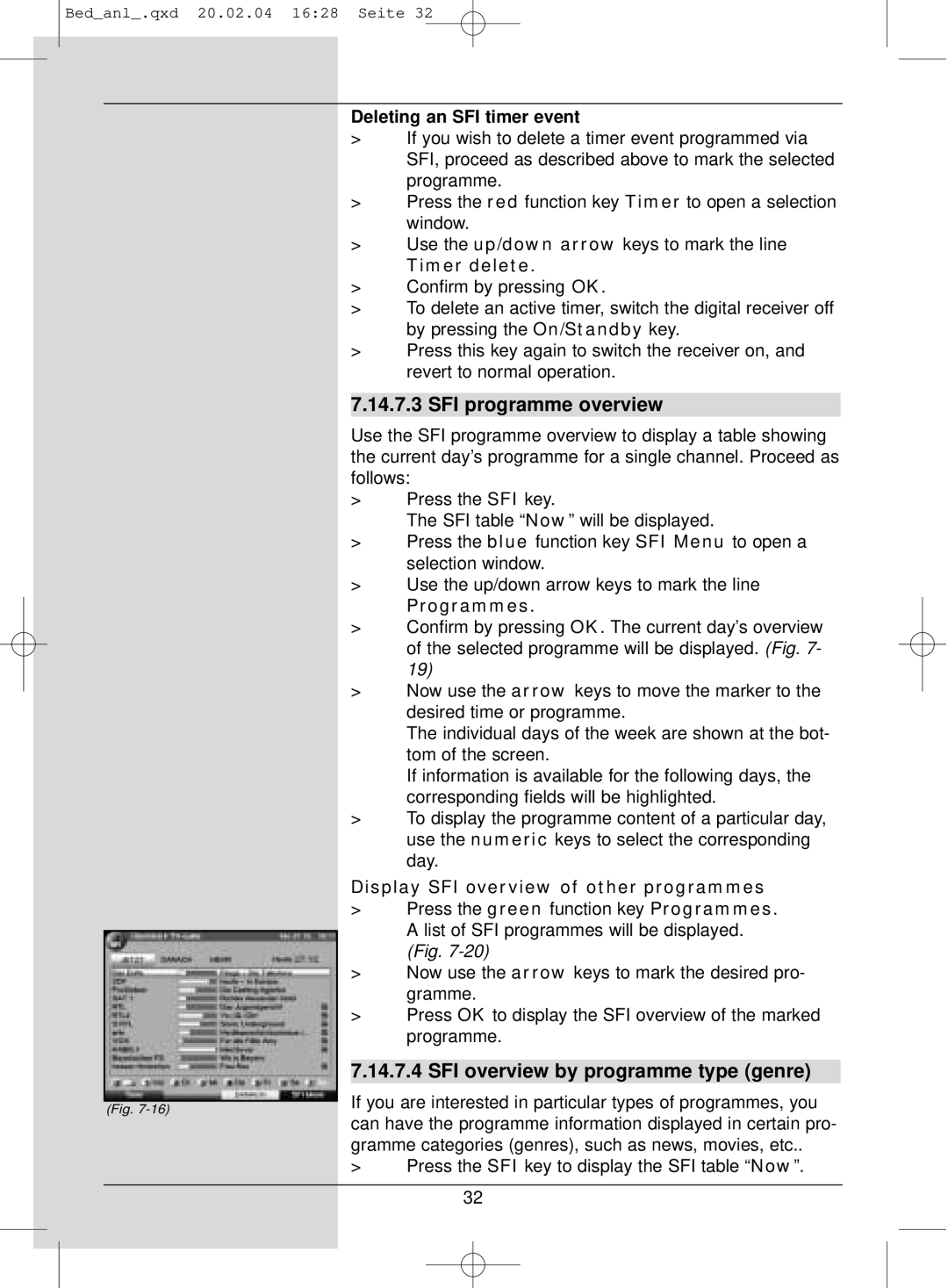 TechniSat S1 manual SFI programme overview, Deleting an SFI timer event, Display SFI overview of other programmes 