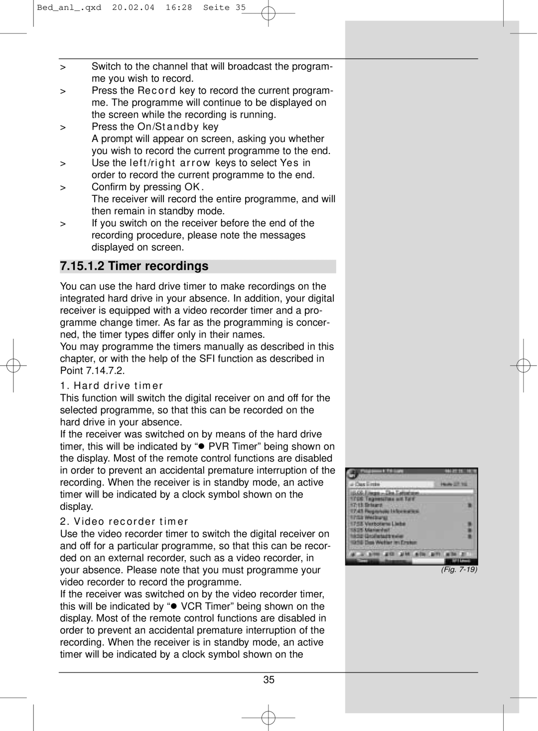 TechniSat S1 manual Timer recordings, Hard drive timer, Video recorder timer 