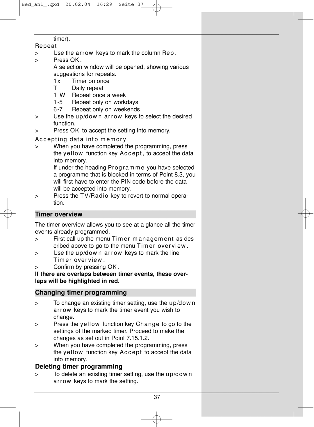 TechniSat S1 manual Timer overview, Changing timer programming, Deleting timer programming 