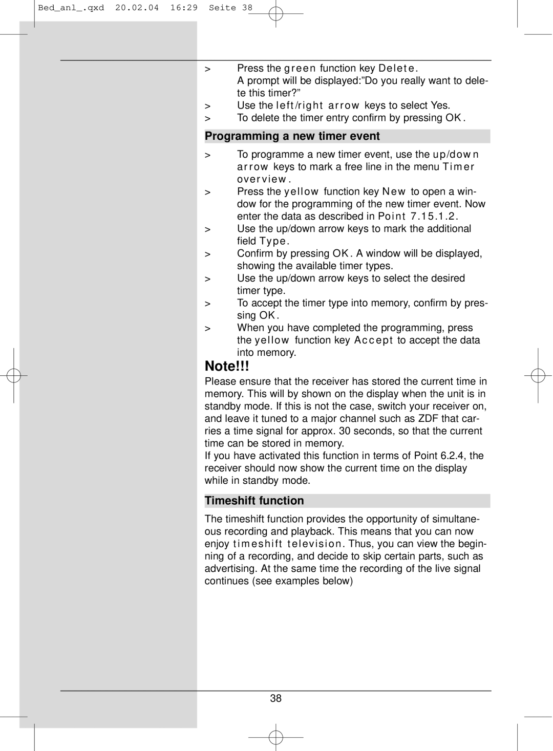 TechniSat S1 manual Programming a new timer event, Timeshift function 