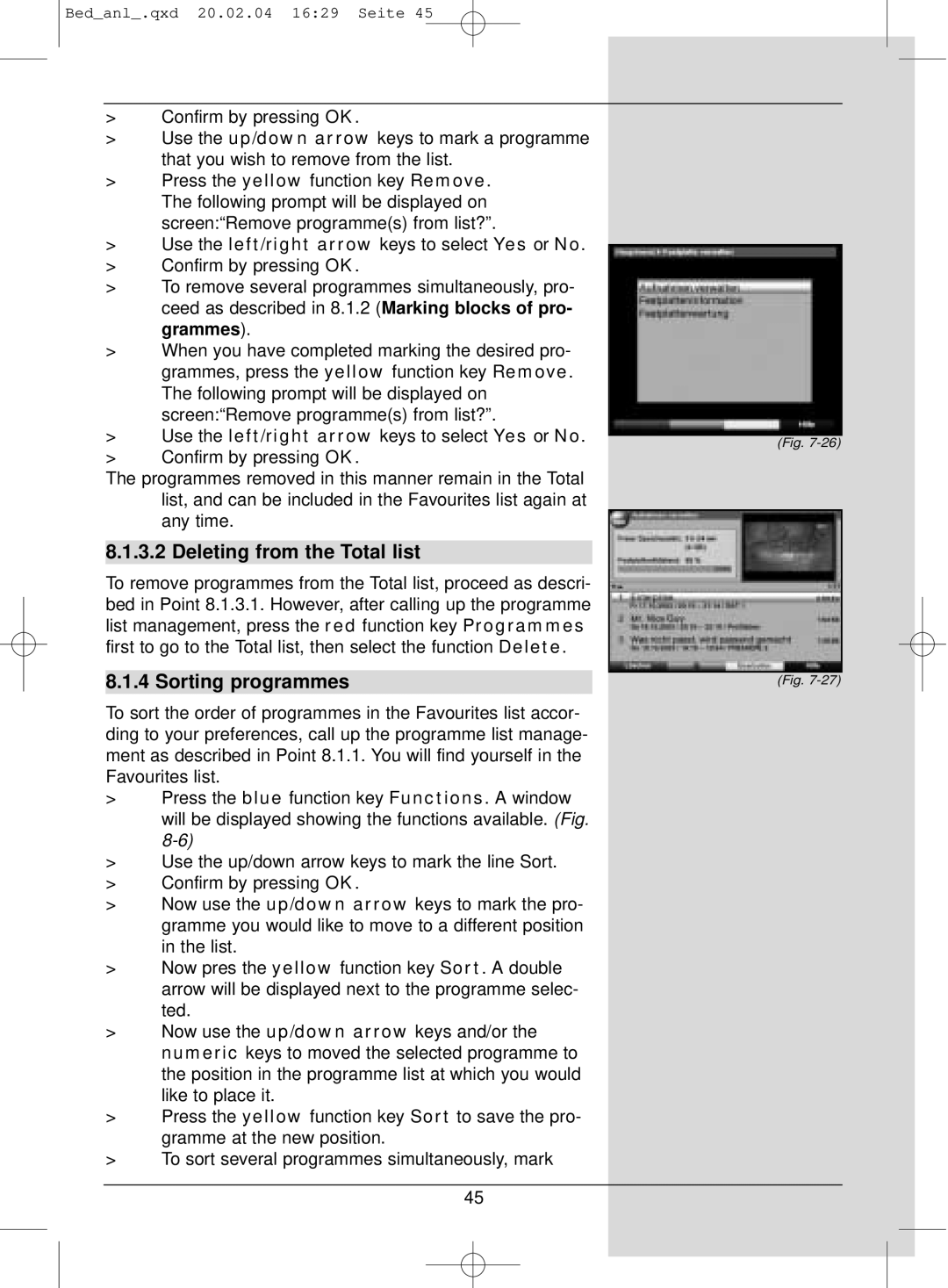 TechniSat S1 manual Deleting from the Total list, Sorting programmes 