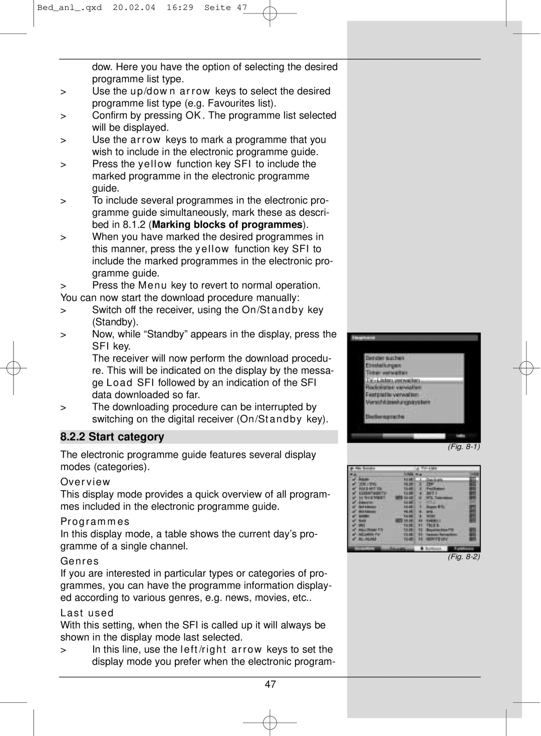 TechniSat S1 manual Start category, Overview, Programmes, Last used 