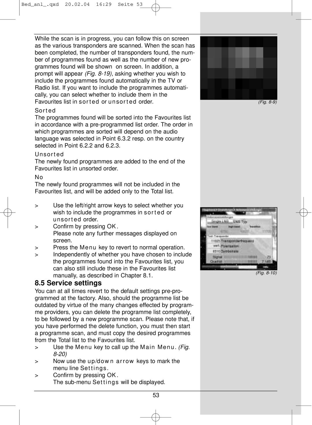 TechniSat S1 manual Service settings, Sorted, Unsorted 