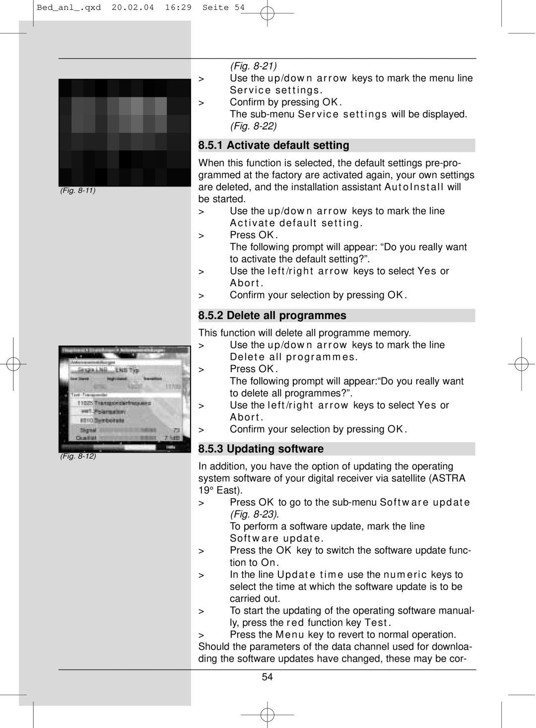 TechniSat S1 manual Activate default setting, Delete all programmes, Updating software 