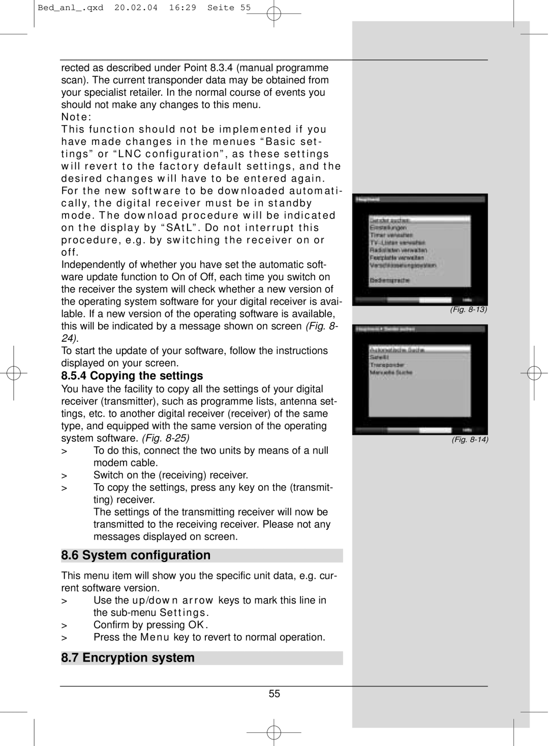 TechniSat S1 manual System configuration, Encryption system, Copying the settings 