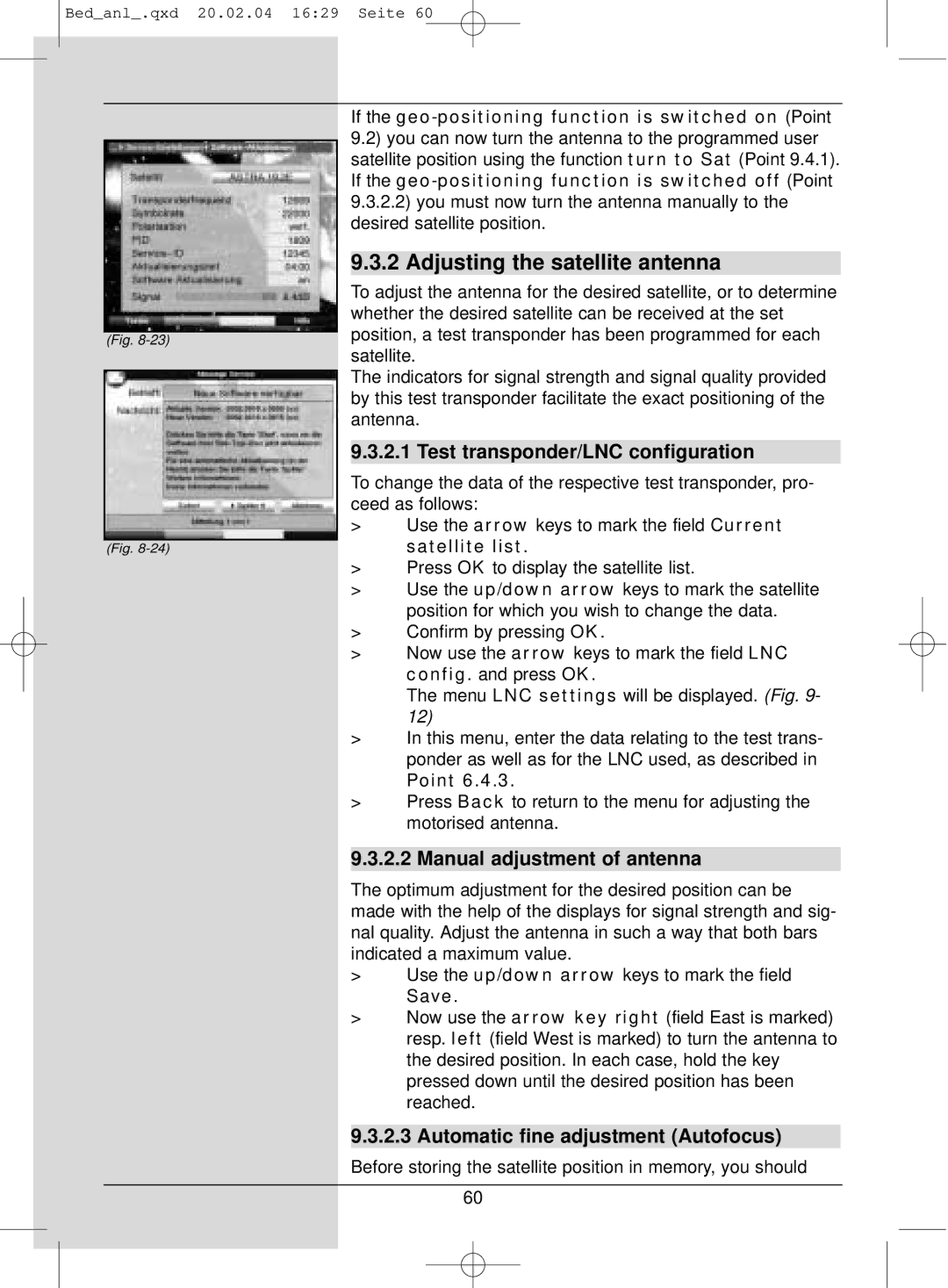 TechniSat S1 manual Adjusting the satellite antenna, Test transponder/LNC configuration, Manual adjustment of antenna 