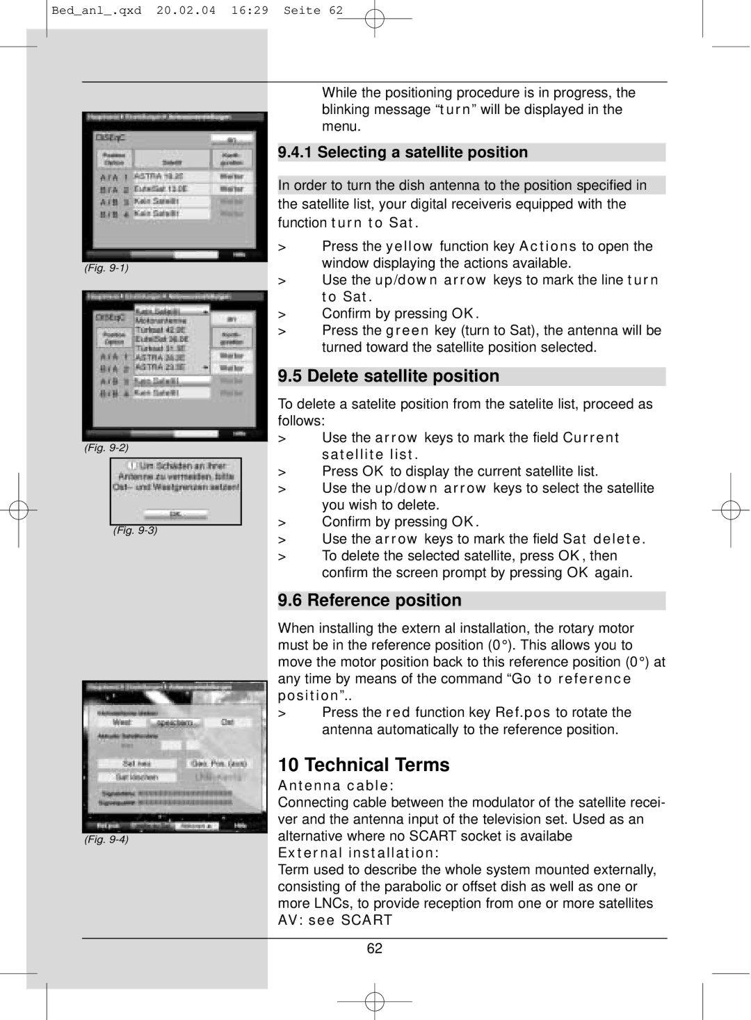 TechniSat S1 manual Technical Terms, Delete satellite position, Reference position, Selecting a satellite position 