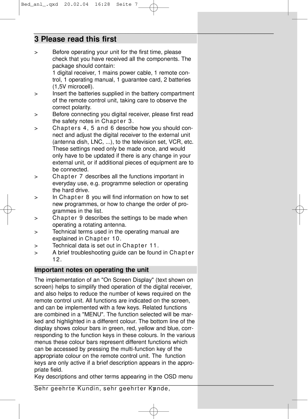 TechniSat S1 Please read this first, Important notes on operating the unit, Sehr geehrte Kundin, sehr geehrter Kunde,7 