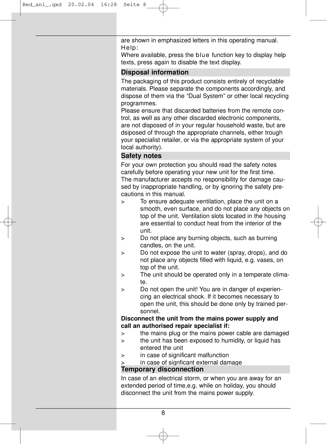 TechniSat S1 manual Disposal information, Safety notes, Temporary disconnection, Help 