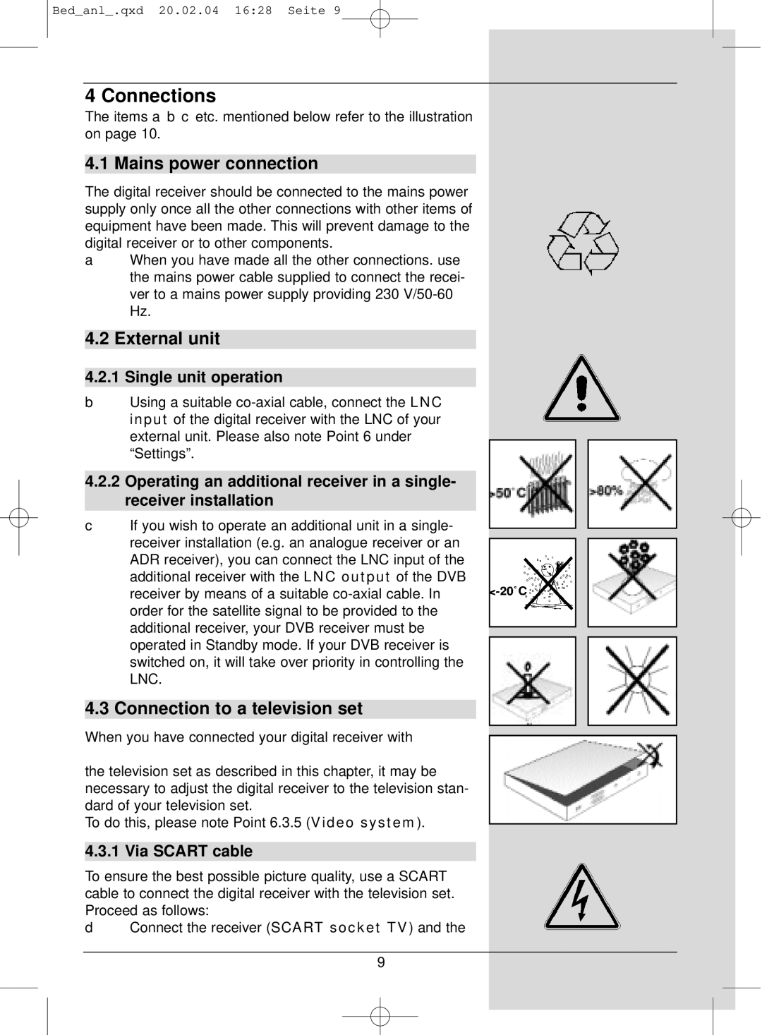 TechniSat S1 manual Connections, Mains power connection, External unit, Connection to a television set 