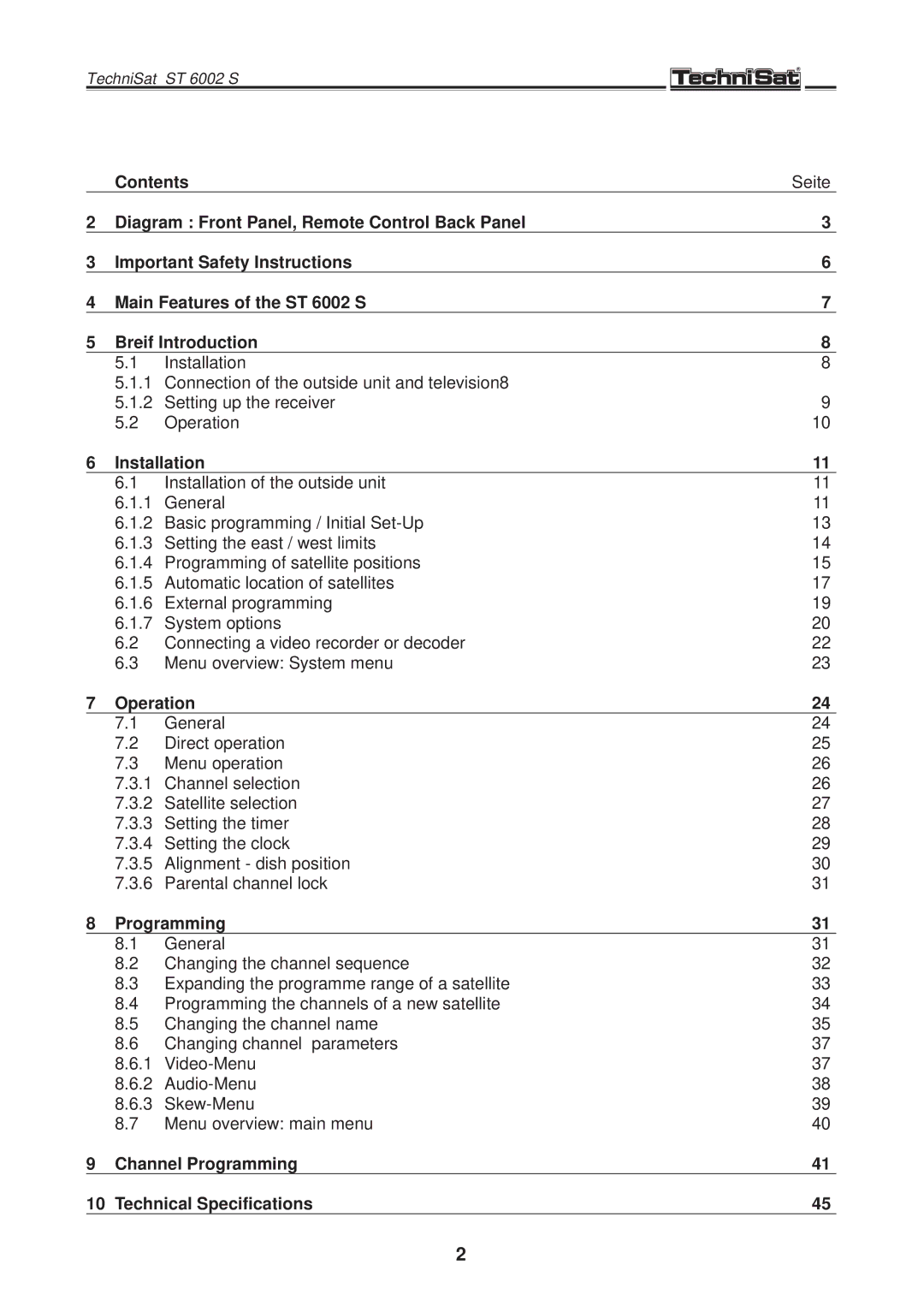 TechniSat ST 6002 S manual Contents, Installation, Operation, Channel Programming Technical Specifications 