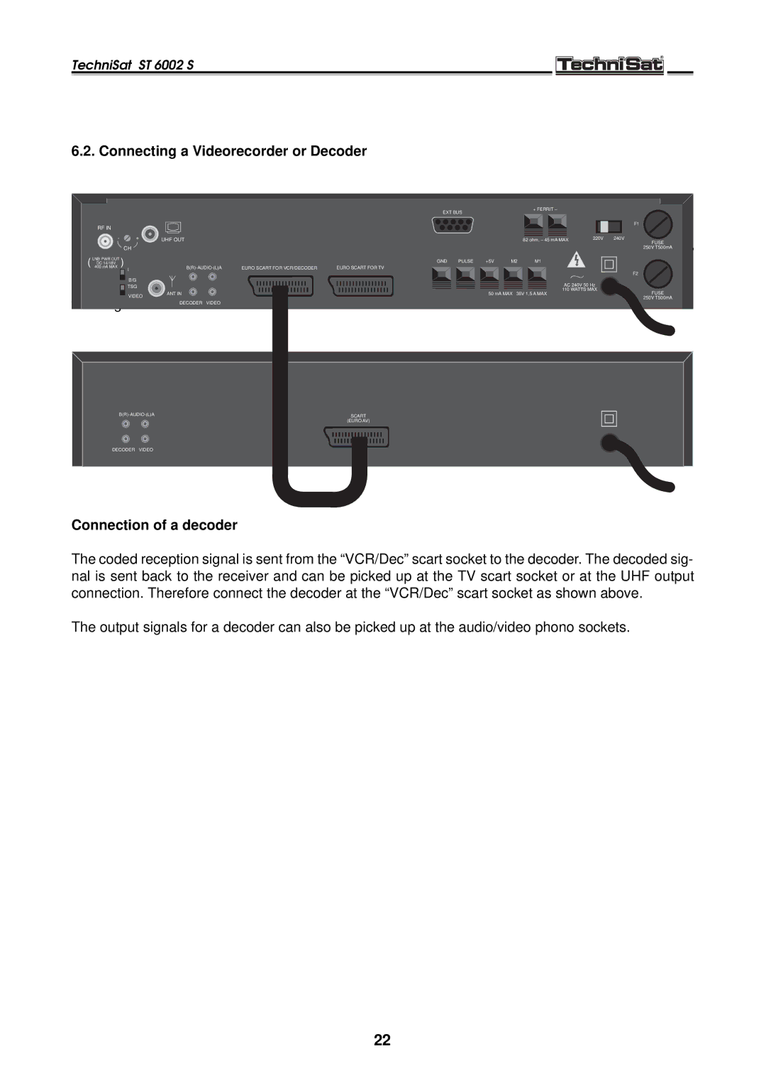 TechniSat ST 6002 S manual Connecting a Videorecorder or Decoder, Connection of a decoder 