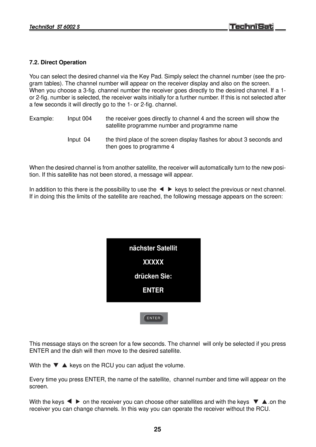 TechniSat ST 6002 S manual Enter, Direct Operation 