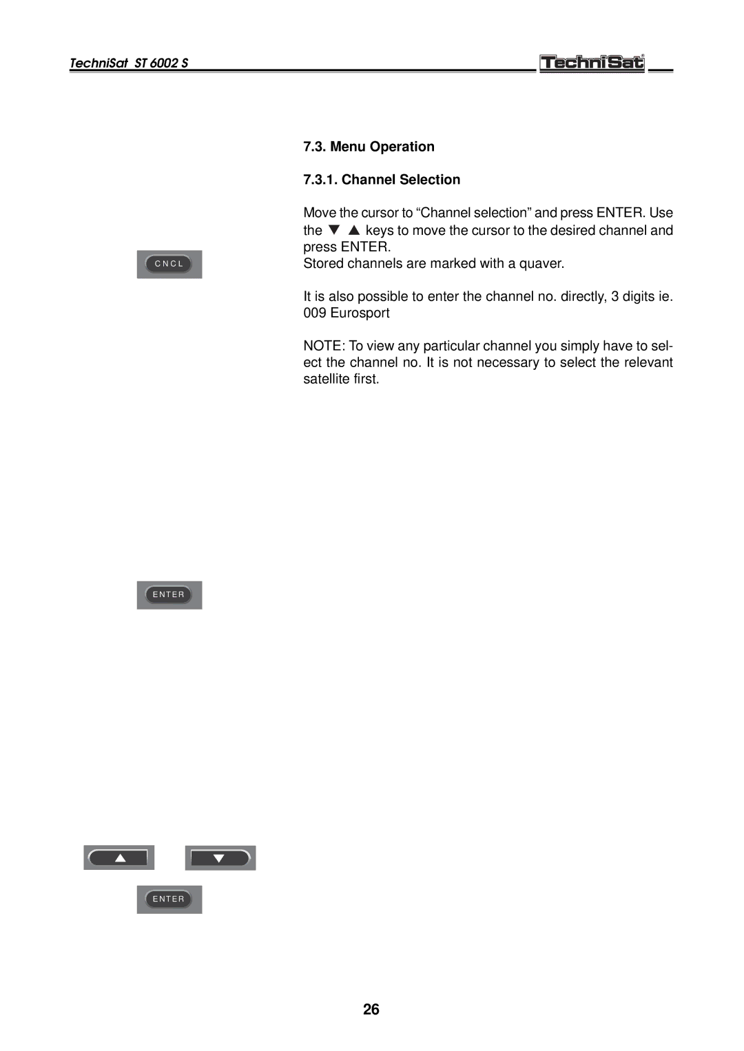 TechniSat ST 6002 S manual Menu Operation Channel Selection 