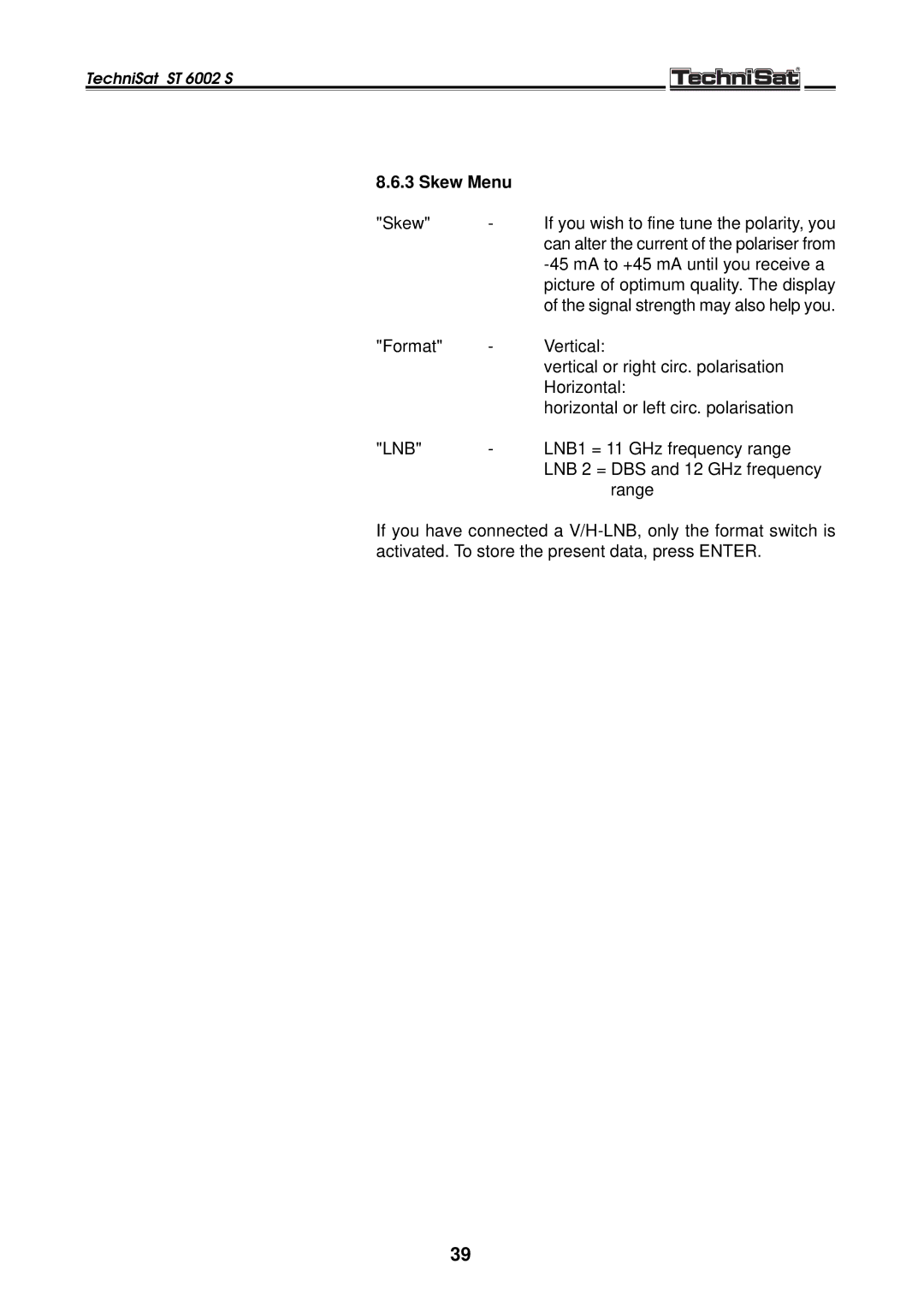 TechniSat ST 6002 S manual Skew Menu, Lnb 