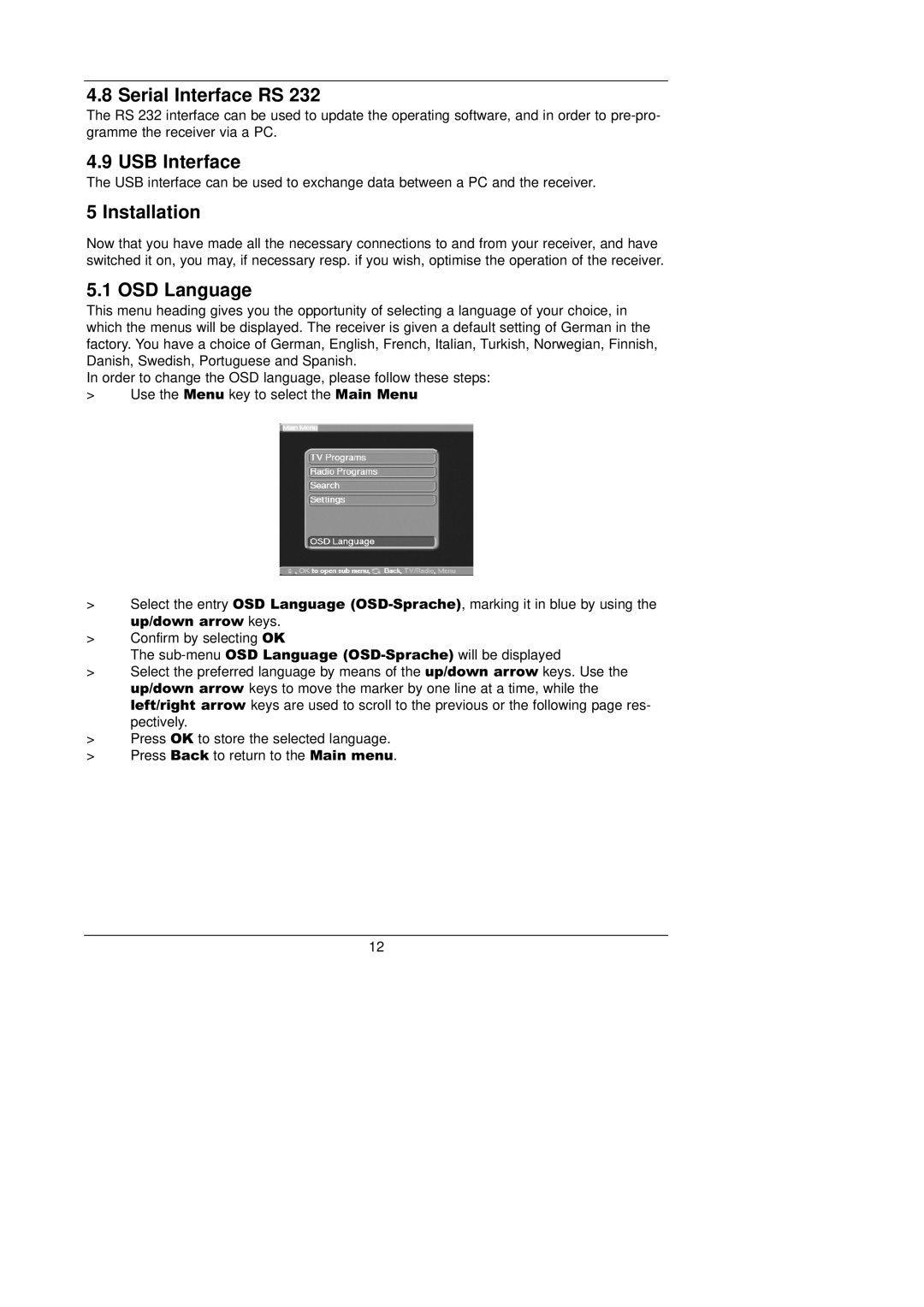 TechniSat TechniBox VIACAM instruction manual Serial Interface RS, USB Interface, Installation, OSD Language 