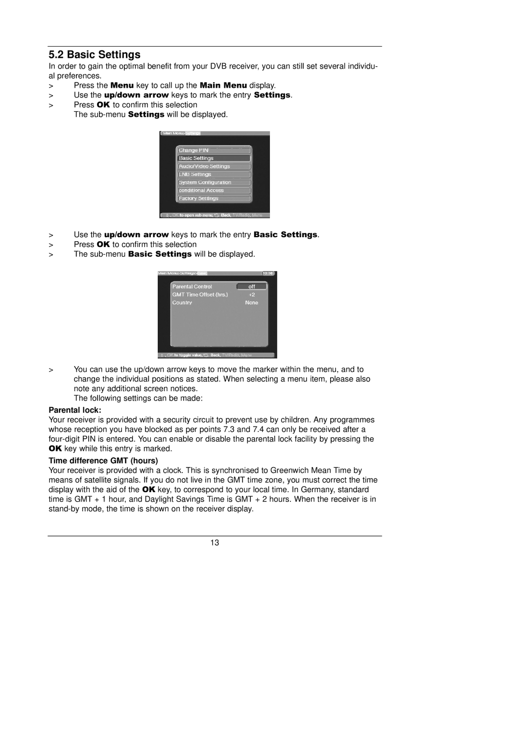 TechniSat TechniBox VIACAM instruction manual Basic Settings, Parental lock, Time difference GMT hours 