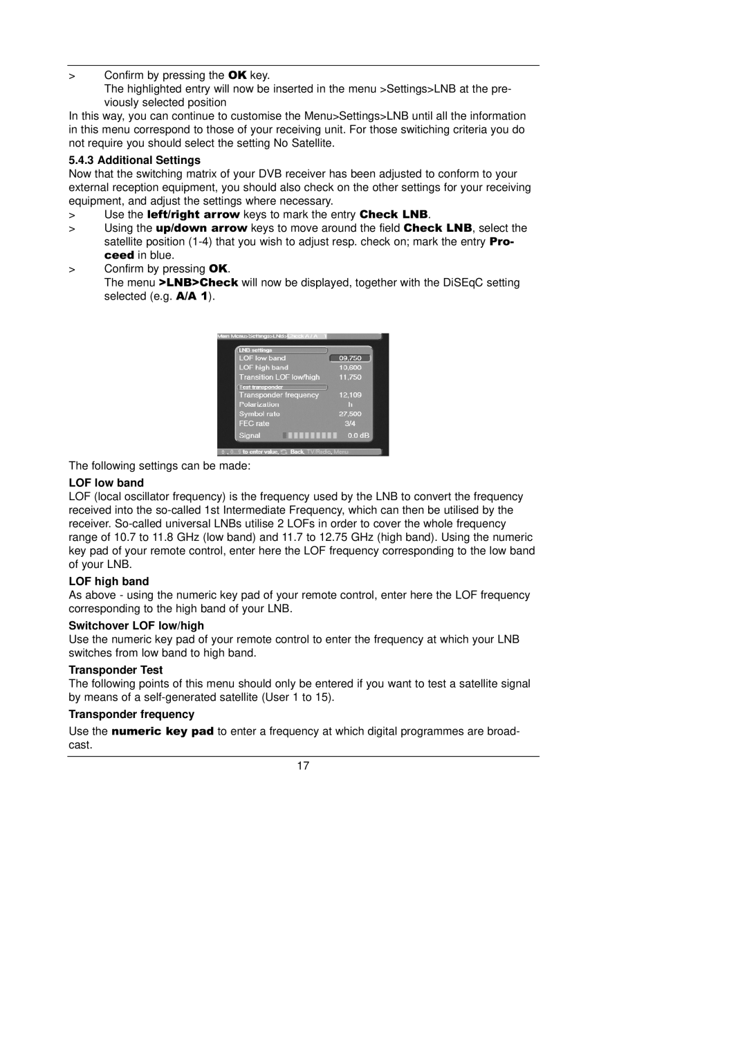 TechniSat TechniBox VIACAM Additional Settings, LOF low band, LOF high band, Switchover LOF low/high, Transponder Test 