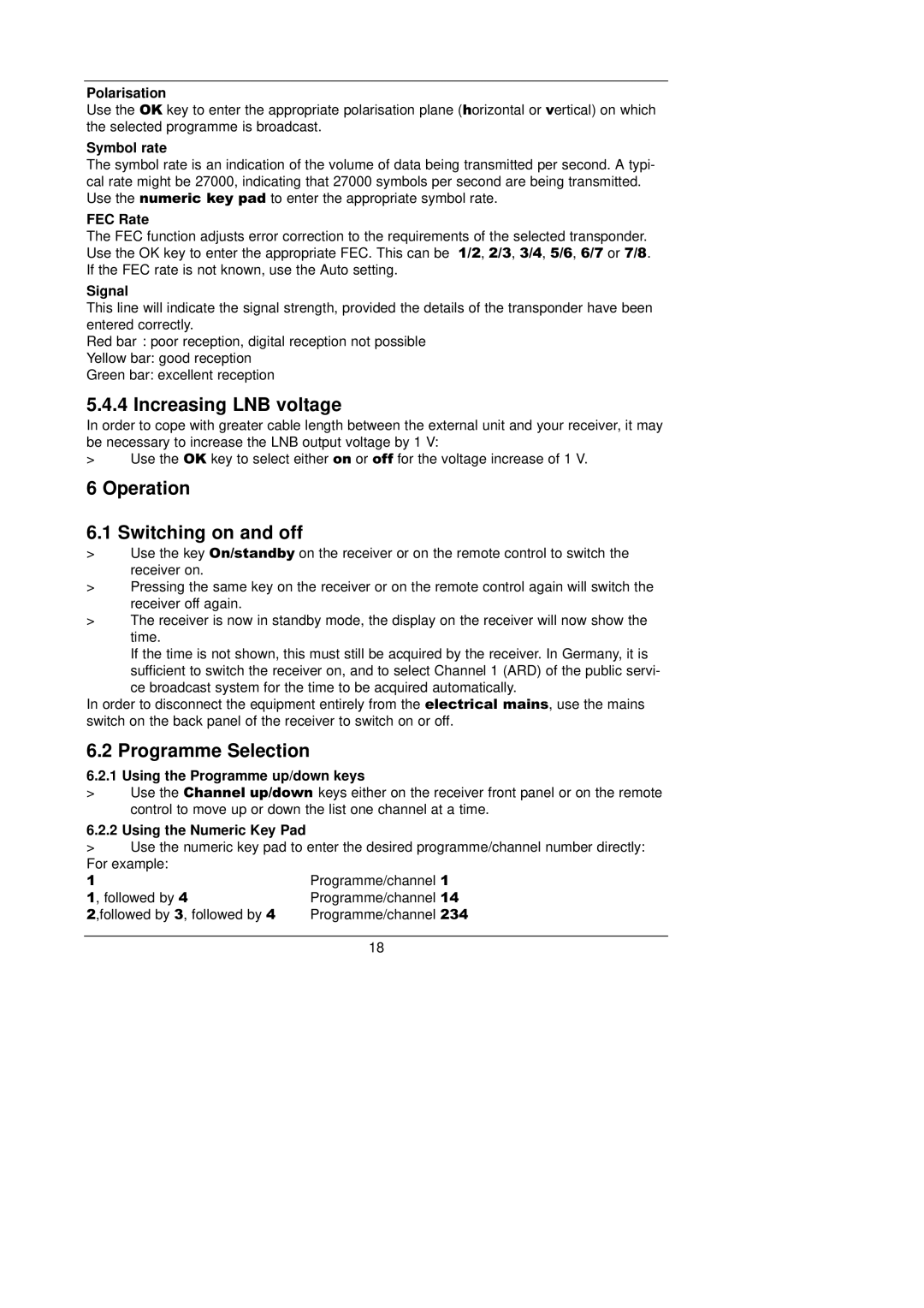 TechniSat TechniBox VIACAM instruction manual Increasing LNB voltage, Operation Switching on and off, Programme Selection 