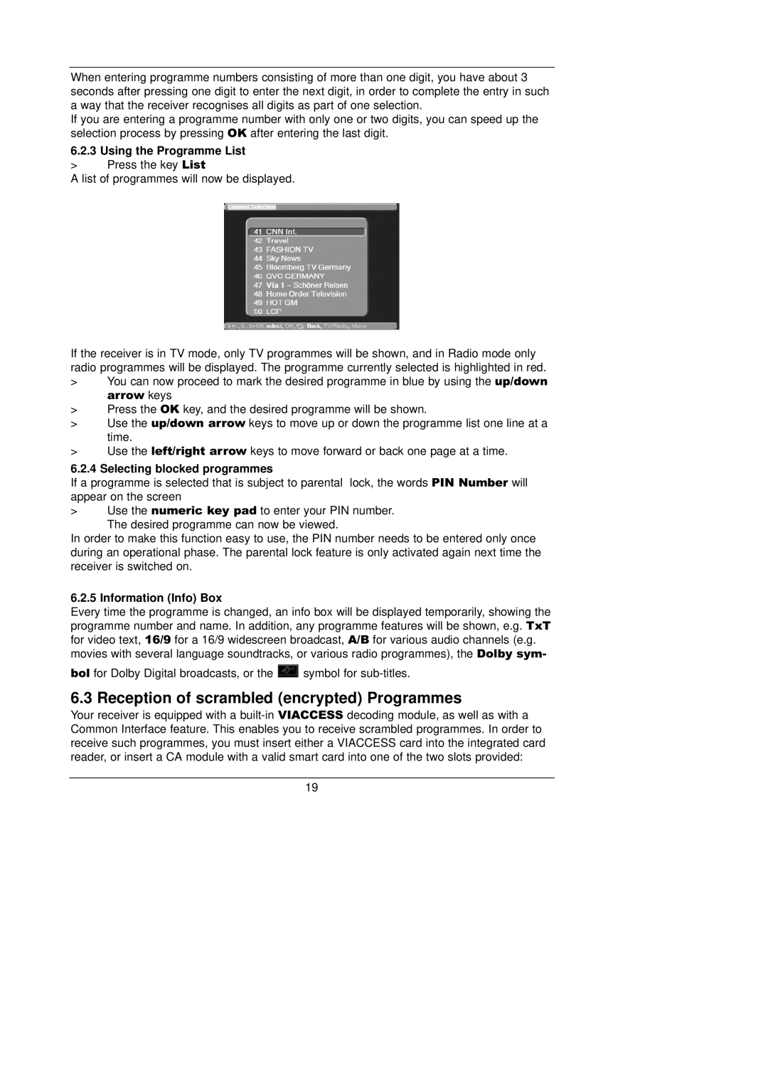 TechniSat TechniBox VIACAM Reception of scrambled encrypted Programmes, Using the Programme List, Information Info Box 