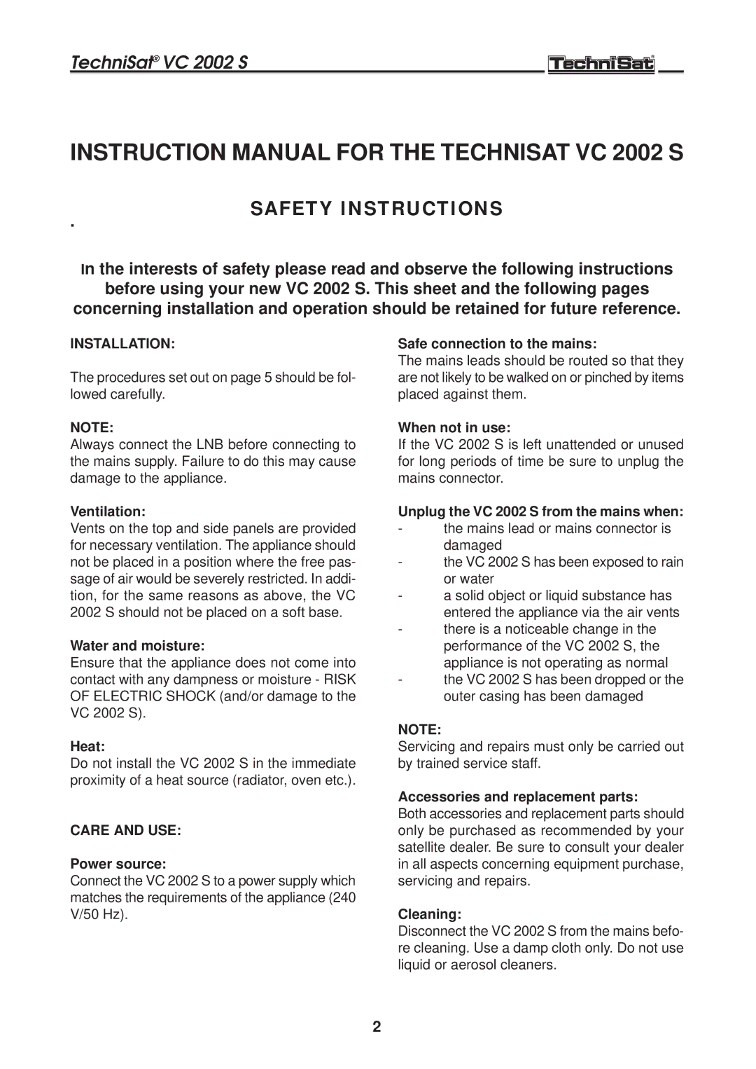 TechniSat VC 2002 S manual Safety Instructions, Installation, Care and USE 