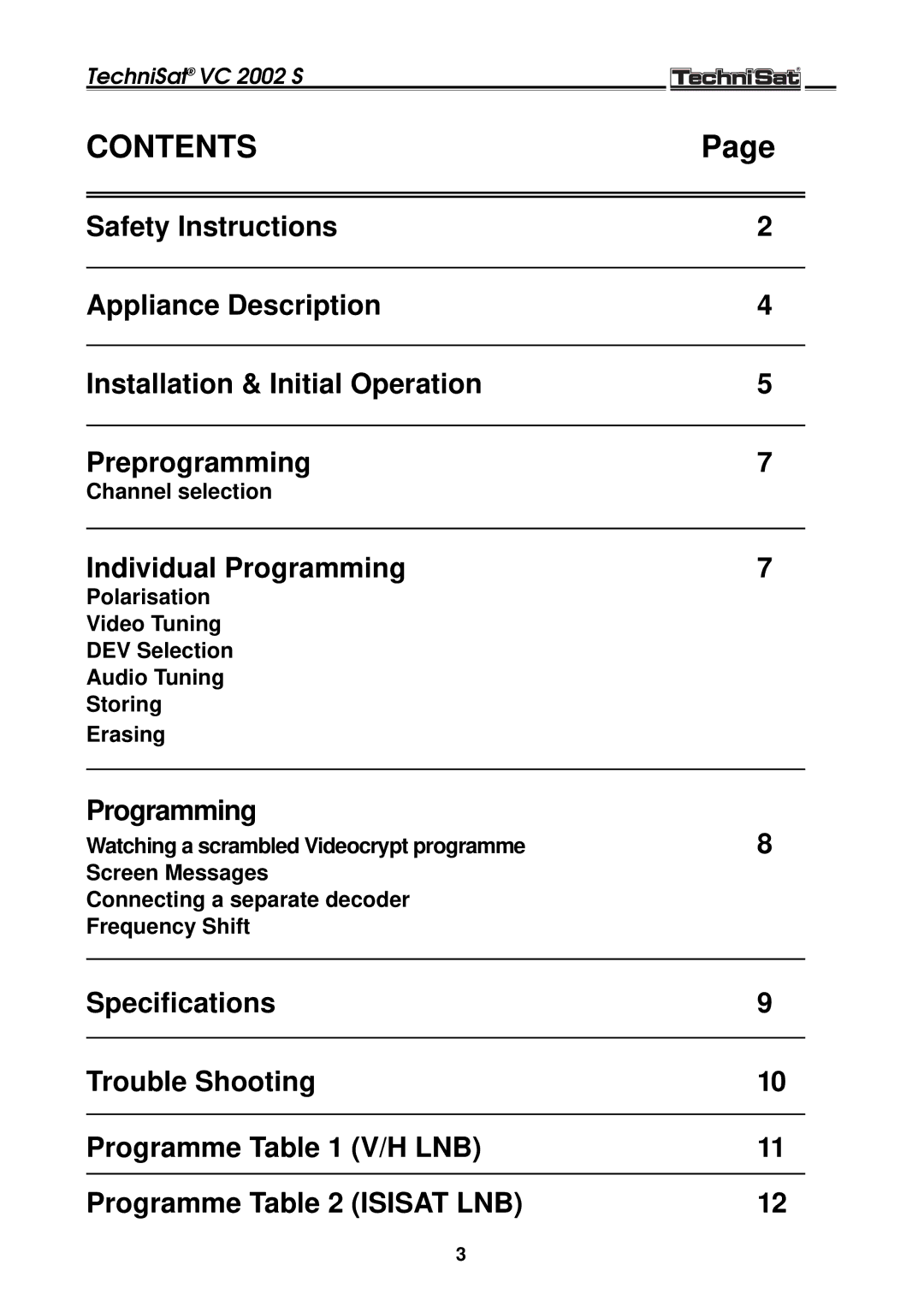 TechniSat VC 2002 S manual Contents 