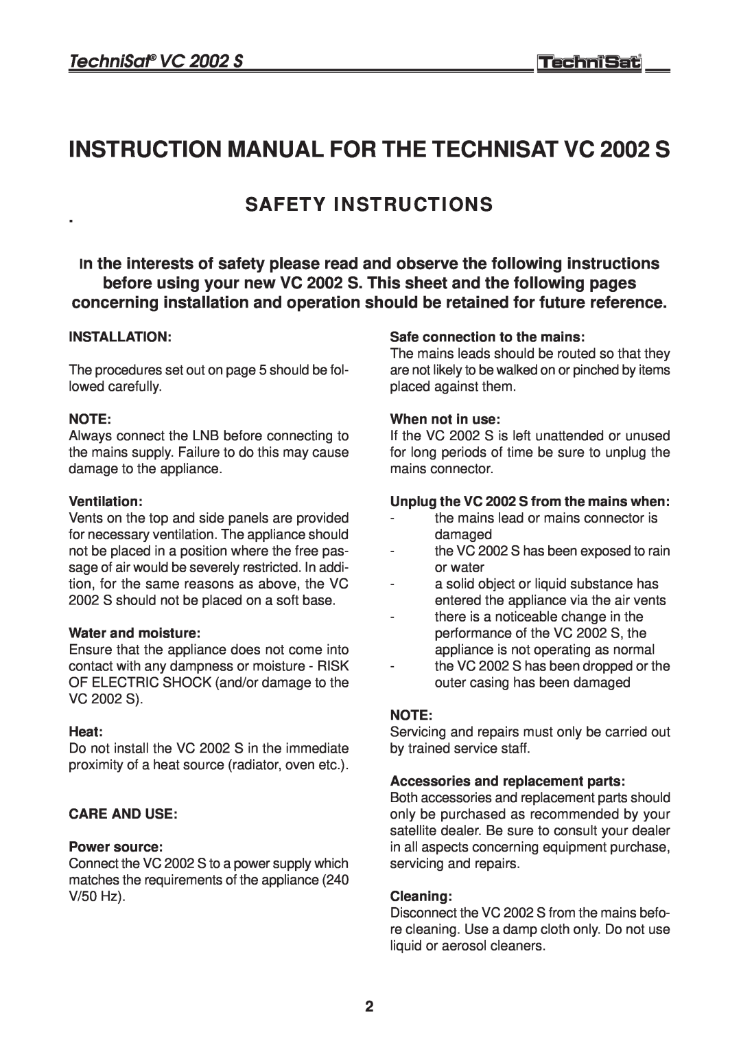 TechniSat manual Safety Instructions, TechniSat VC 2002 S 
