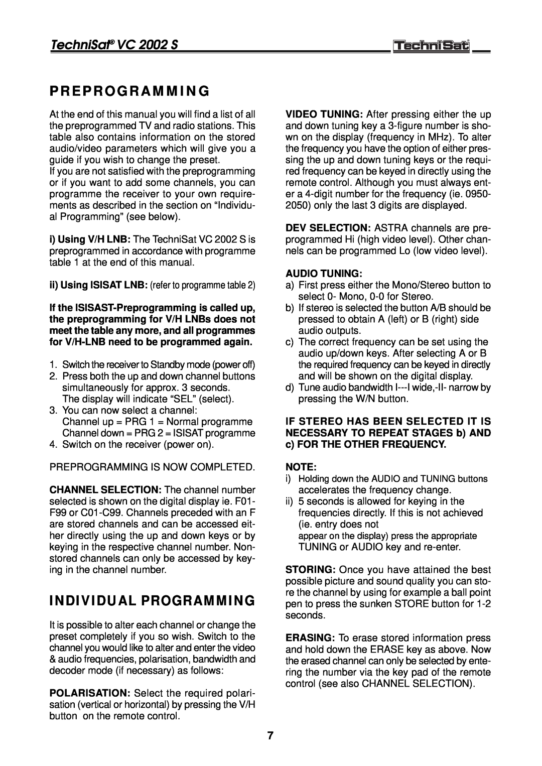 TechniSat manual Preprogramming, Individual Programming, TechniSat VC 2002 S, Audio Tuning 