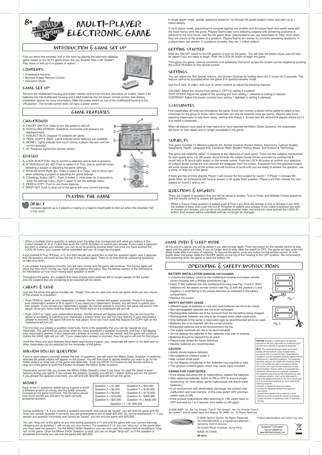 Techno Source 0215 MTG manual Introduction & game set up, Game features, Playing the game 