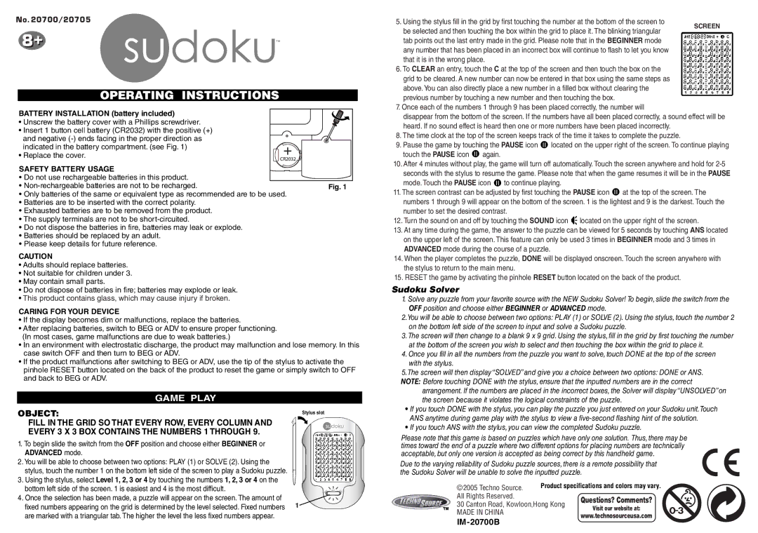 Techno Source 20705 manual Operating Instructions, Sudoku Solver, Game Play, Object 