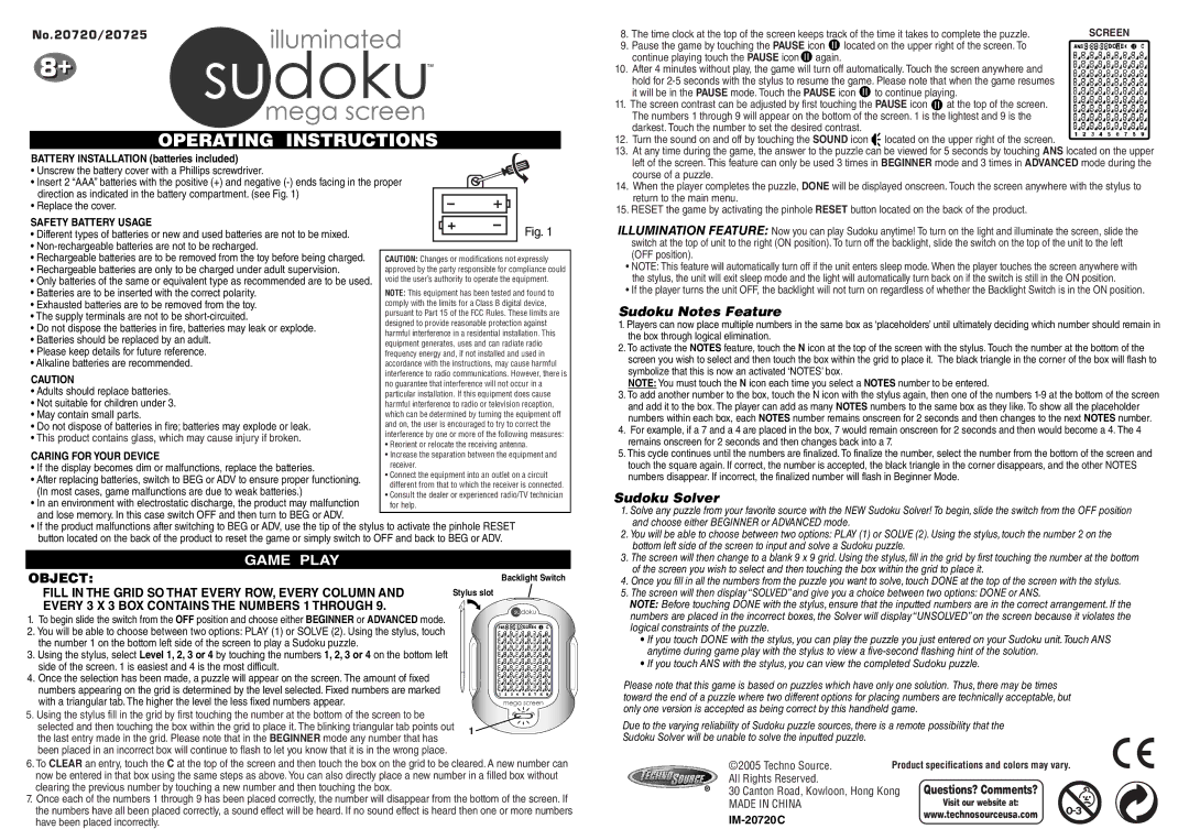 Techno Source 20725, 20720C manual Sudoku Notes Feature, Sudoku Solver, Safety Battery Usage, Caring for Your Device 