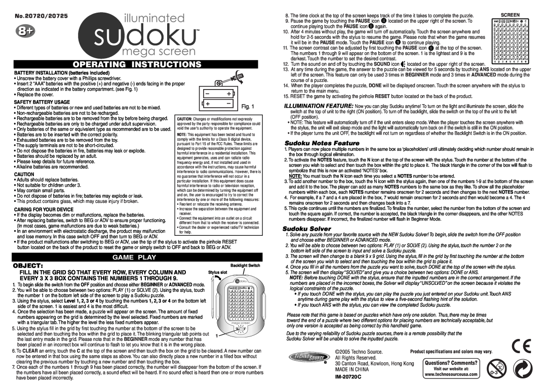 Techno Source manual Operating Instructions, Game Play, Object, Sudoku Notes Feature, Sudoku Solver, No.20720/20725 