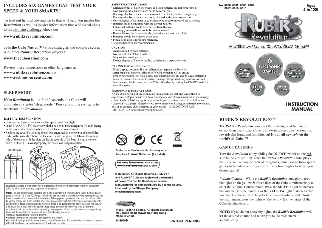 Techno Source 3013, 3015 Includes SIX Games That Test Your Speed & Your SMARTS?, RUBIK’S Revolution, Battery Installation 