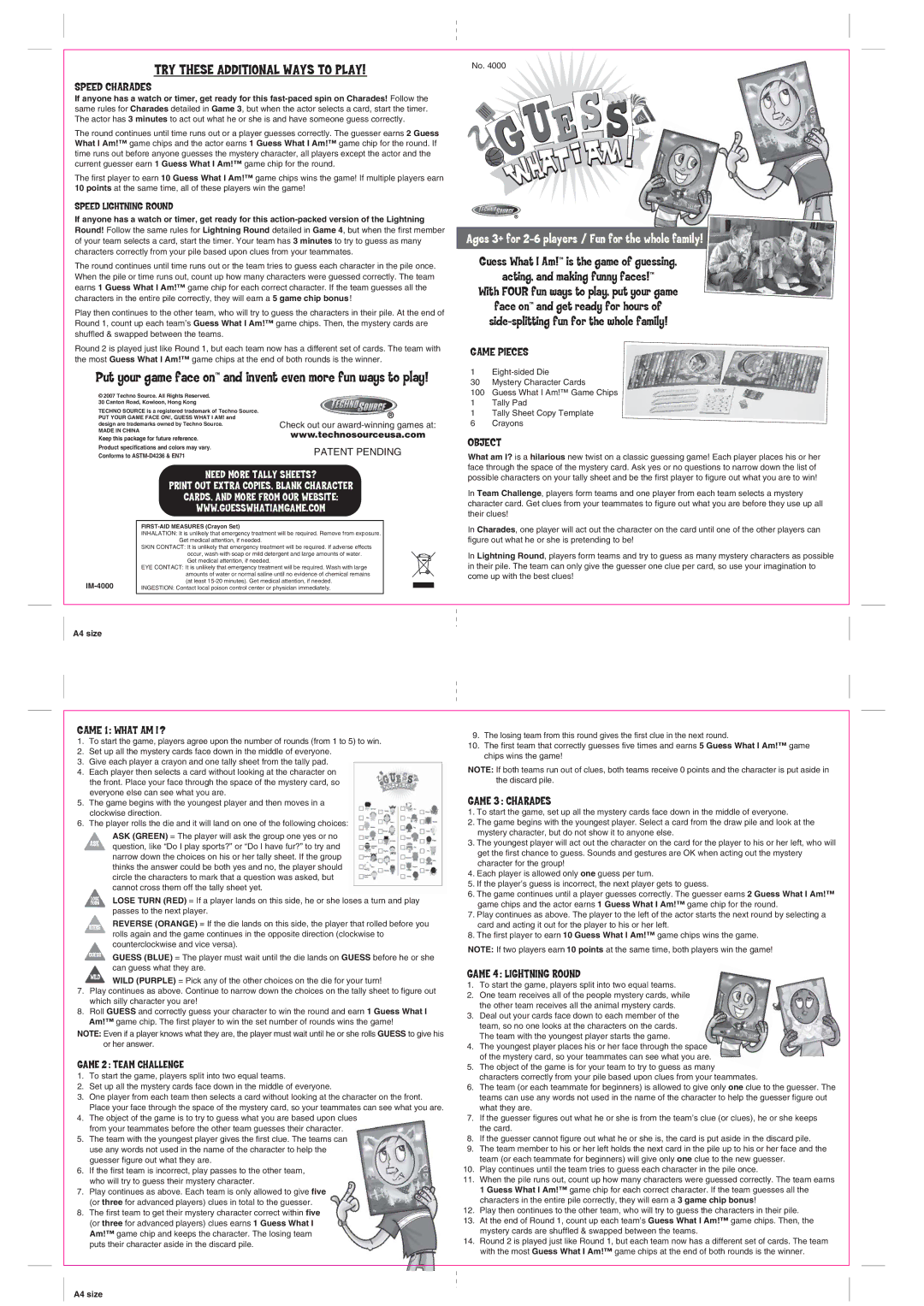 Techno Source 4000 manual Speed Charades, Game 1 What AM I ?, Game 2 Team Challenge, Game Pieces, Object, Game 3 Charades 