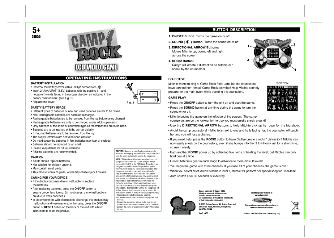 Techno Source 31050, Camp Rock manual LCD Video Game, Operating Instructions, Button Description 