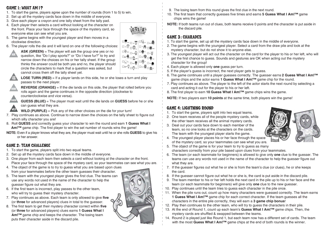 Techno Source Guess What I Am, 4010 manual Game 1 What AM I ?, Game 3 Charades, Game 4 Lightning Round 