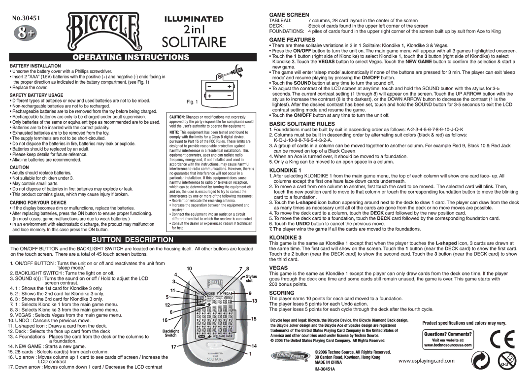 Techno Source Illuminated 2 in 1 Solitaire, 30451 manual 