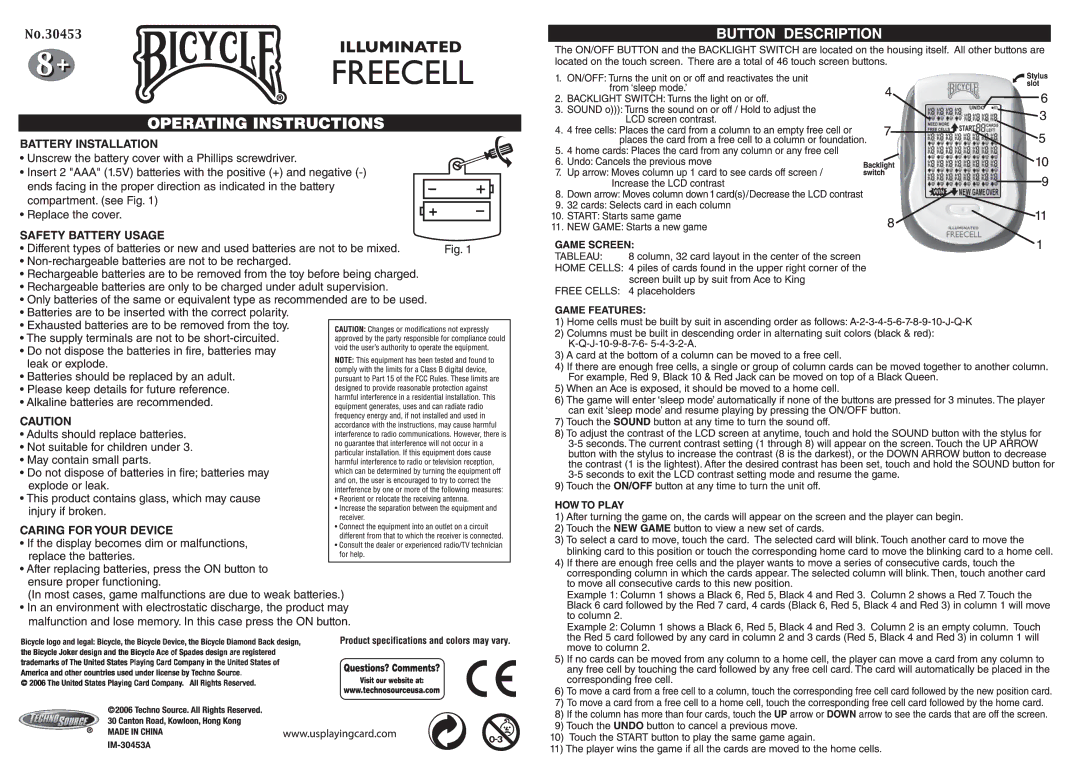 Techno Source 30453A, Illuminated Free Cell manual 