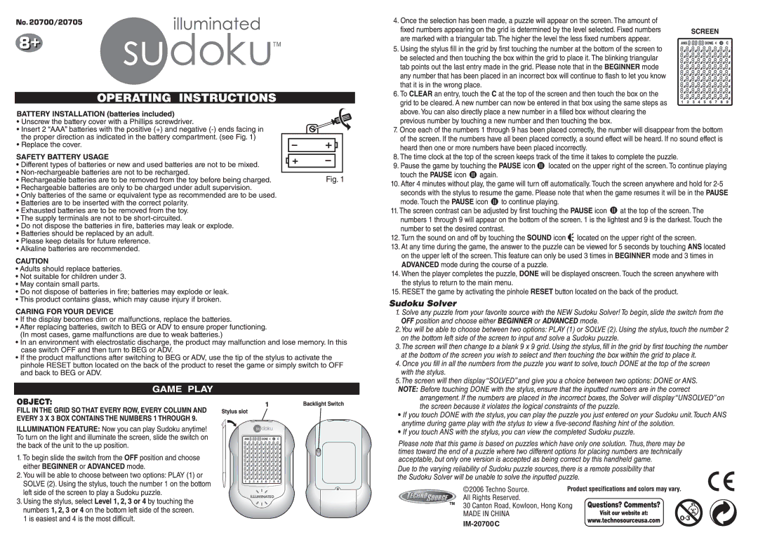 Techno Source Illuminated Sudoku manual 