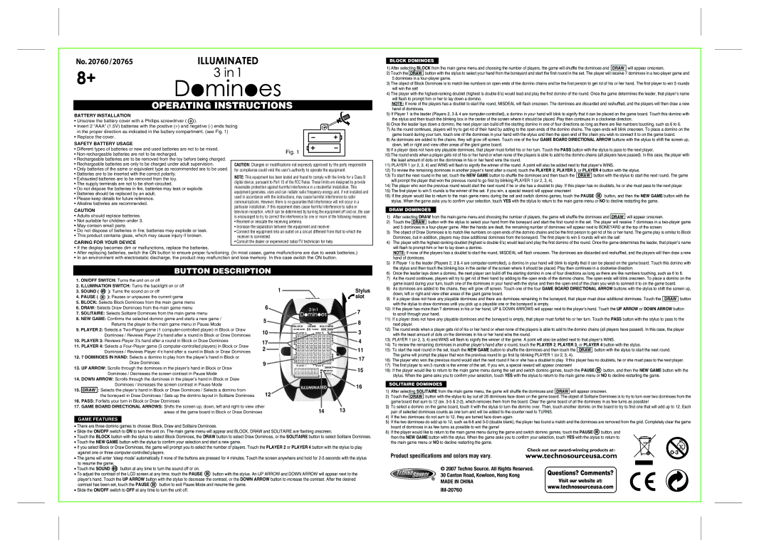 Techno Source 20765, IM-20760, Illuminated 3-in-1 Dominoes manual Stylus, Product speciﬁcations and colors may vary 