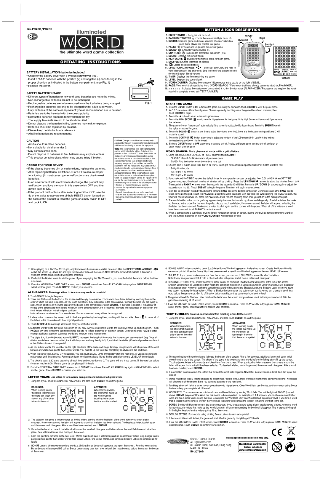 Techno Source Illuminated WORD manual Button & Icon Description, Game Play, Safety Battery Usage, Caring for Your Device 