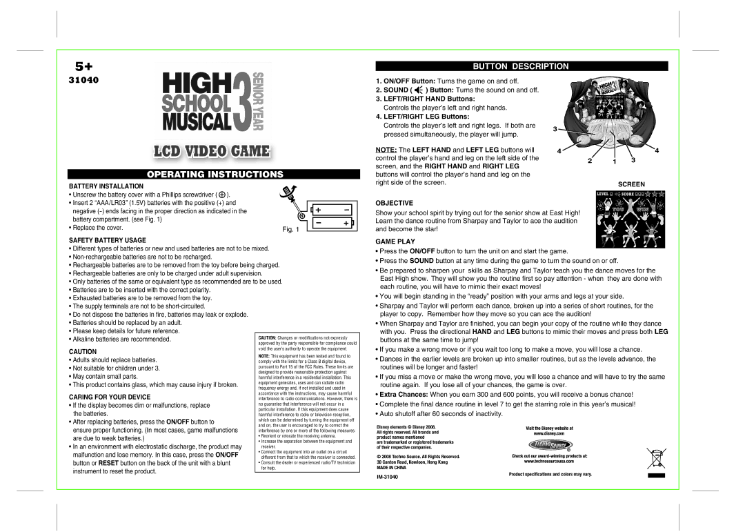 Techno Source High School Musical 3: Senior Year manual LCD Video Game, Operating Instructions, Button Description 