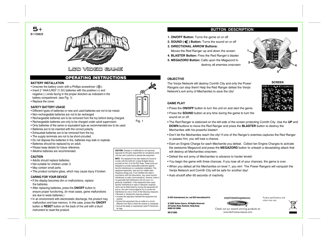 Techno Source IM-31060, Power Rangers RPM manual Operating Instructions 