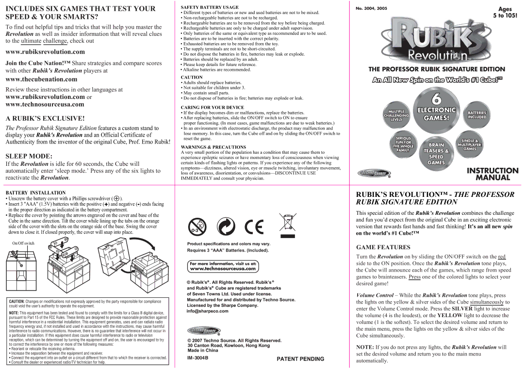 Techno Source Rubik's Revolution Signature Edition Includes SIX Games That Test Your Speed & Your SMARTS?, Sleep Mode 