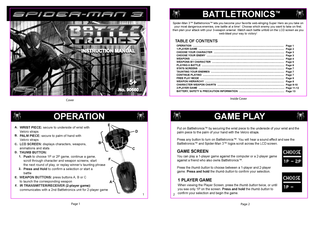 Techno Source Spider-man 3: Battle Tronics, 90660 manual Game Screen, Player Game, Table of Contents 