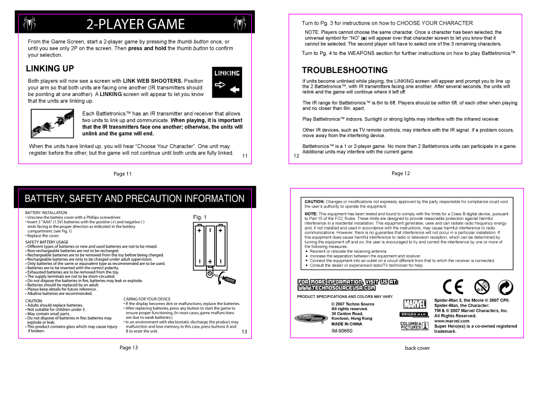 Techno Source 90660, Spider-man 3: Battle Tronics manual Linking UP, Troubleshooting 