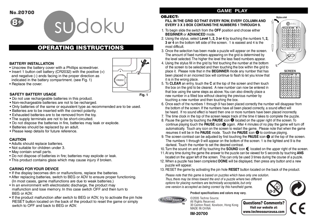 Techno Source IM-20700, Sudoku manual Operating Instructions, Game Play 