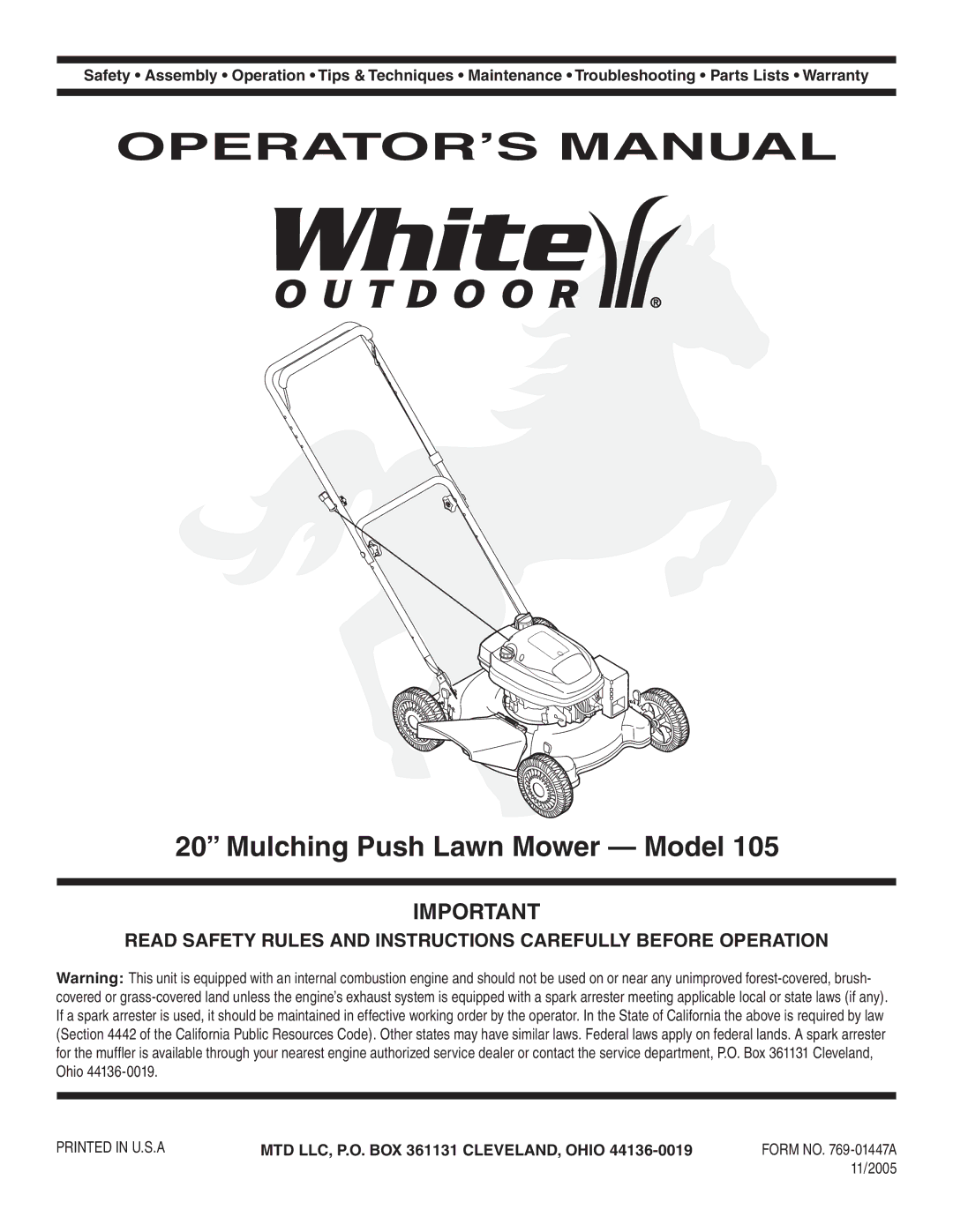 Tecumseh 105 warranty OPERATOR’S Manual, Mulching Push Lawn Mower Model 