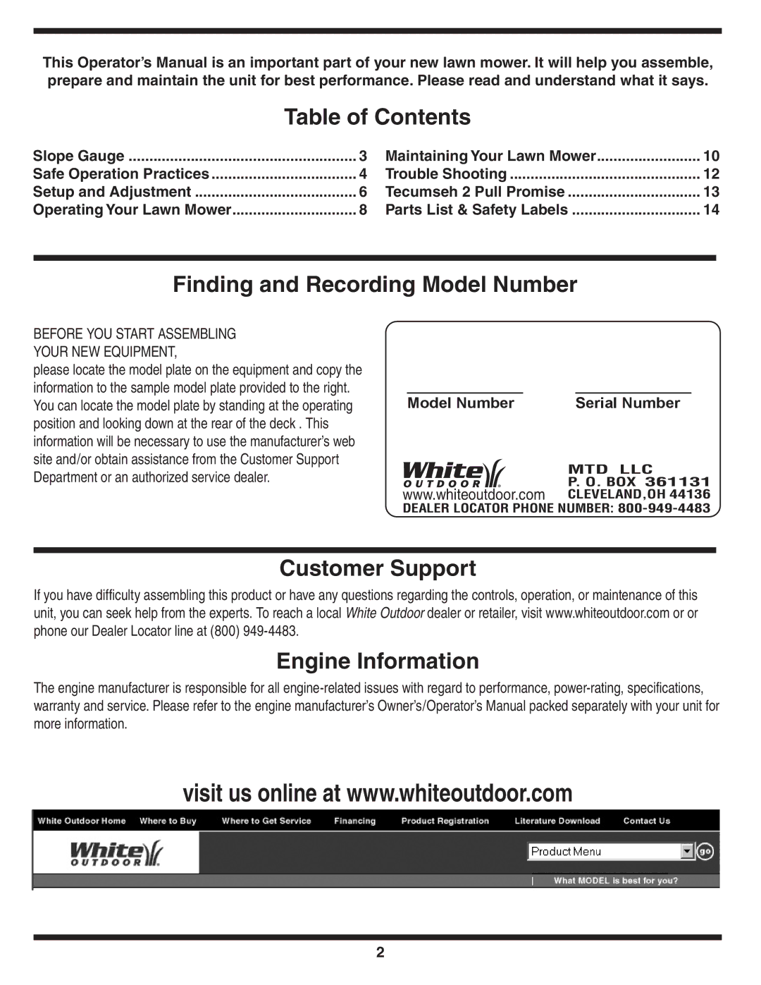 Tecumseh 105 warranty Table of Contents, Finding and Recording Model Number, Customer Support Engine Information 